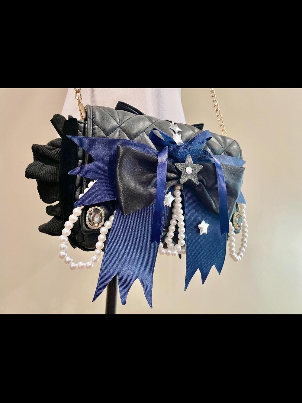 Sailor Moon Wicked Lady Quilted Black Shoulder Bag with Navy Bow & Pearl Accents